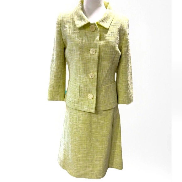 LK Bennett Silk Cotton Green Tweed Dress & Jacket Set Size